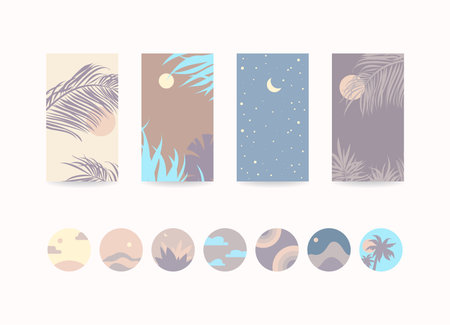 Flat scenery, icons, round emblems vector set. Social network story highlight backgrounds. Landscape minimal aesthetic, poster prints, brochures. Design templates for lifestyle, beauty, travel bloggerのイラスト素材