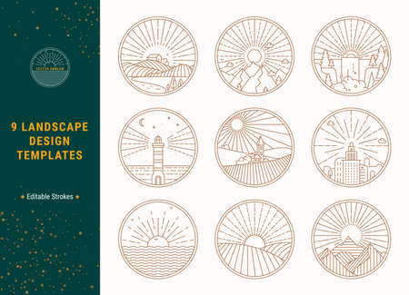 Landscape Linear Vector Illustrations Concept Set. Thin Line Nature, Ecotourism Clip Art Collection Isolated On Background.のイラスト素材