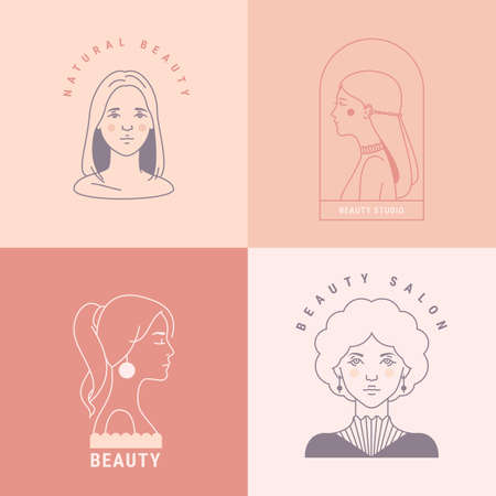 Beauty Shop, Hair Salon Design Templates, Concept. Women Beautiful Faces Thin Line Vector Illustrations Clip Art Collection Isolated On Background.のイラスト素材