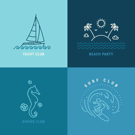 Yachting, Surfing, Diving Club Linear Illustration. Thin Line Vector Clip Art Collection Isolated On Background.のイラスト素材