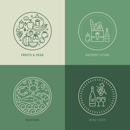 Grocery Store, Supermarket Department Linear Vector Illustrations Set. Trendy Minimal Design, Business Cards, Social Media Stories Templates.のイラスト素材
