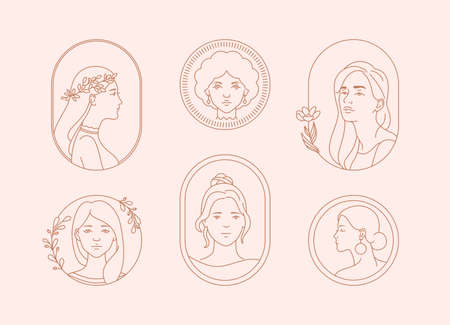 Beautiful Female Faces Thin Line Illustrations. Vector Floral Concept, Trendy Linear Design Templates. Circle, Oval Emblems Clip Art Collection Isolated On Background.のイラスト素材