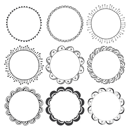 hand drawn round frames, decorative design elements, circle ornamentsのイラスト素材