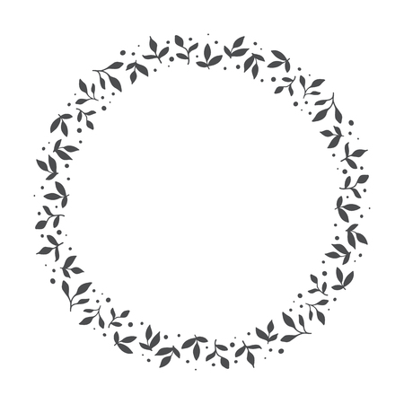 Vector hand drawn floral wreath, round frame with leaves and dots, decorative design element, illustrationのイラスト素材