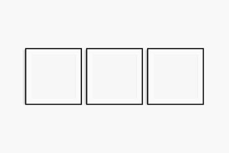 Frame mockup 1:1 square. Set of three thin black square frames. Clean, modern, minimalist, bright gallery wall mockup, set of 3 frames with a mat opening.の写真素材
