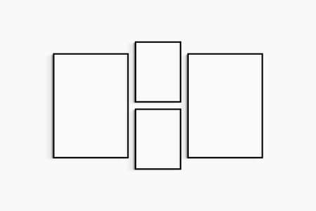 Gallery wall mockup. Set of 4 black frames. Gallery wall frame mockup. Two 50x70 (5:7) and two 30x40 (3:4) black frames.の写真素材