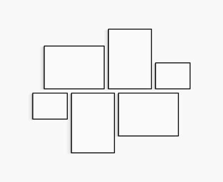 Gallery wall mockup. Set of 6 black frames. Gallery wall frame mockup. Two 50x70 (5:7), two 70x50 (7:5), and two 40x30 (4:3) black frames.の写真素材