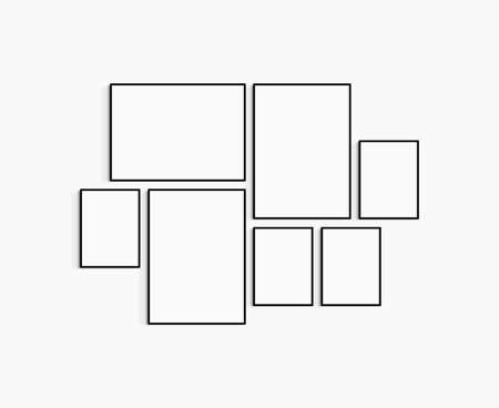 Gallery wall mockup. Set of 7 black frames. Gallery wall frame mockup. Two 50x70 (5:7), one 70x50 (7:5), and four 30x40 (3:4) black frames.の写真素材