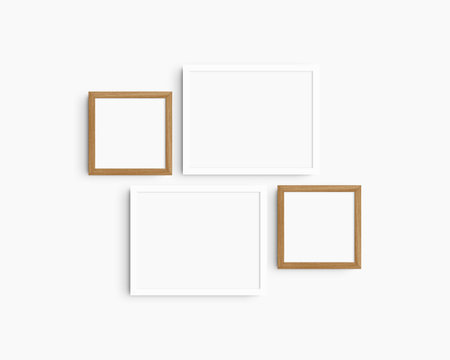 Set of white and wooden picture frames isolated on white background. Wall art mockup. Clean, modern, and minimalist frame mockup.の写真素材