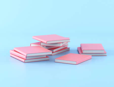 Piles of pink books on blue background, Minimal concept, 3D rendering.の写真素材