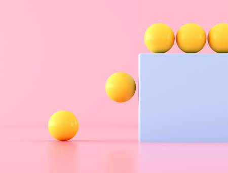 Yellow ball falling from the blue rectangle on pink background,Minimal style. 3D renderingの写真素材