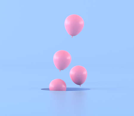 Pink color of balloons floating out from hole on blue background,minimal,gift idea, 3D rendering.の写真素材