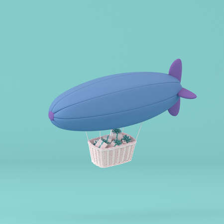 minimal concept of floating airship and present box in the basket on pastel background. 3D rendering.の写真素材
