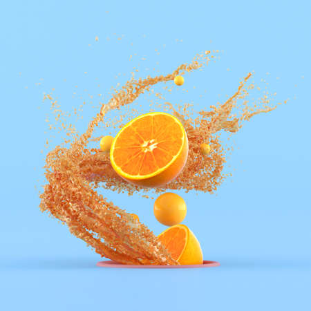Minimal conceptual idea of sliced oranges and small yellow sphere floating out from hole surround with splash orange juice on blue background. 3D rendering.の写真素材