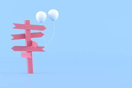 Minimal conceptual idea of pink signpost and white balloons on blue background. 3D rendering.の写真素材
