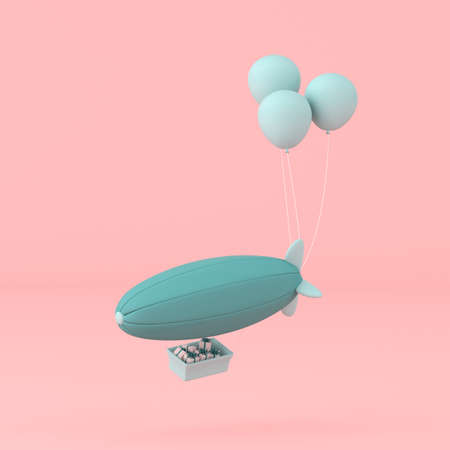 minimal concept of balloons and airship with present in the basket on pastel background. 3D...