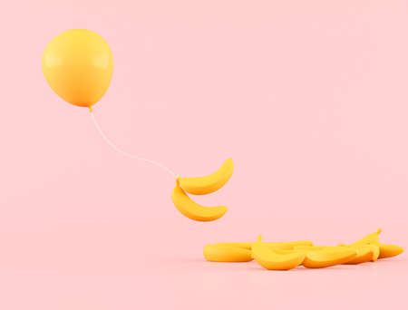 Minimal conceptual idea of yellow floating balloon with bananas on pink background. 3D rendering.の写真素材