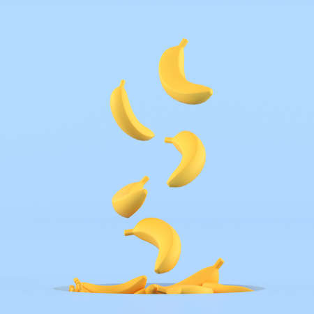 Minimal conceptual idea of bananas are floating out from hole on blue background. 3D rendering.の写真素材