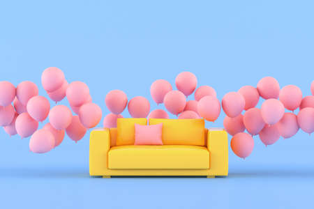 Minimal conceptual idea of yellow sofa surround with pink floating balloons on blue background. 3D rendering.の写真素材