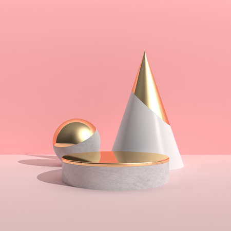 Minimal abstract scene with geometry object and round podium, gold texture on pink background,...