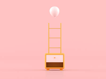 Abstract of minimal composition concept, small yellow cabinet with ladder and white balloon on pink background. 3D rendering.の写真素材