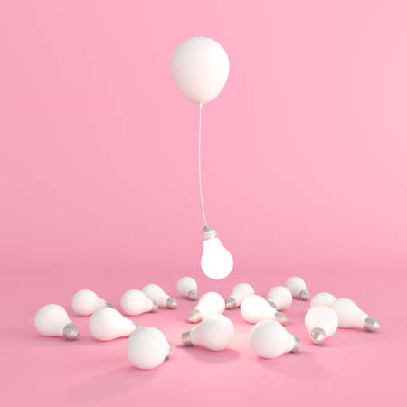 Minimal conceptual idea of light bulb and floating balloon around the white bulbs on pink...