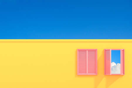 Minimal abstract building with pink window on blue sky background, Architectural design with shade and shadow on pink texture. 3D rendering.の写真素材