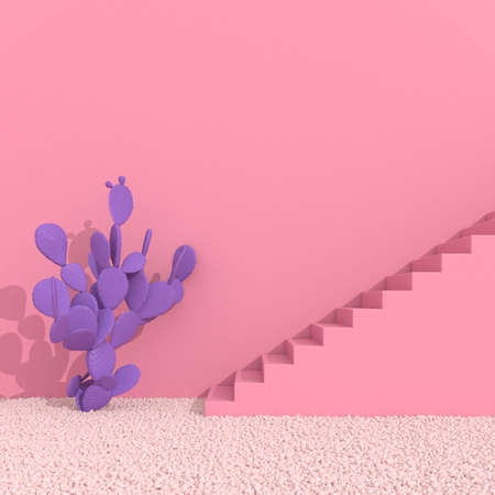 Minimal style of cactus and staircase on pink background. wall with shade and shadow on gravel. 3D rendering.の写真素材