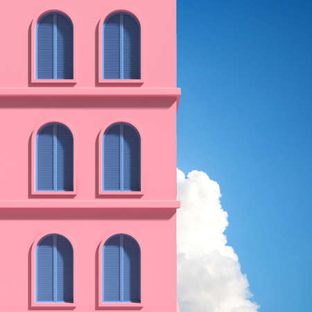 Minimal abstract building with arch window on blue sky background, Architectural details with shade and shadow on pink wall. 3D rendering.の写真素材