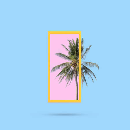 Minimal conceptual image of yellow frame with coconut tree on blue and pink background. 3D rendering.の写真素材