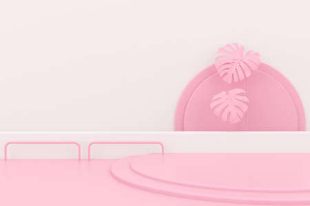 Minimal abstract scene with round podium and pink monstera plant, Architectural mock up design with geometric form in pastel color, Product presentation. 3D rendering.の写真素材