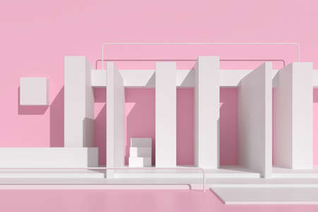 Minimal style of architectural building with staircase and structure blocks on pastel color background, Abstract geometry element with shade and shadow. 3D rendering.の写真素材