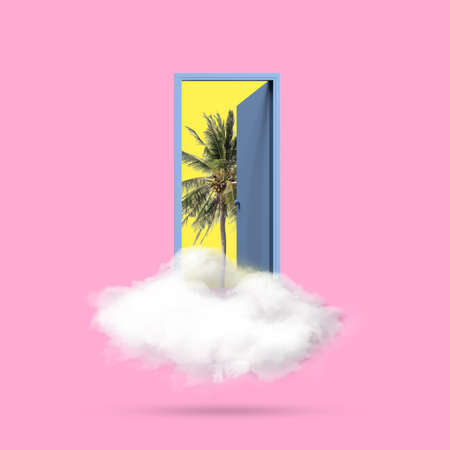 Minimal conceptual image of open blue door and white cloud with coconut tree on pink background. 3D rendering.の写真素材