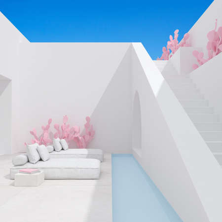 Abstract of minimal architecture space with white staircase and wall on blue sky background,...