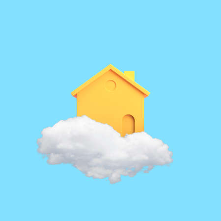 Minimal conceptual image of yellow house floating on white cloud. 3D rendering.の写真素材
