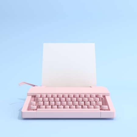 Typewriter and white blank paper on blue background.3D rendering.の写真素材