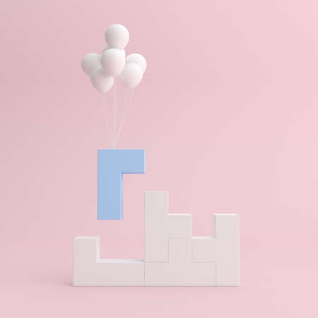Minimal mock up of stacked geometric blocks and floating balloons,Tetris game. 3D renderingの写真素材