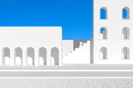 Abstract of minimal architecture with arch door and wall on blue sky, shade and shadow. 3D rendering.の写真素材