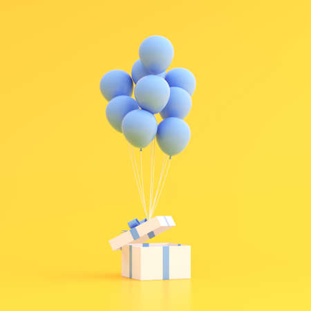 Mock up of gift box and balloons on yellow. 3D rendering.の写真素材