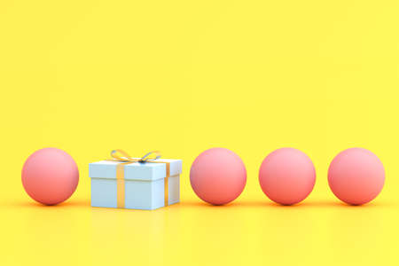 Mock up of gift box and sphere on yellow. 3D rendering.の写真素材