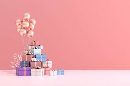 Mock up of gift box and balloons in minimal style. 3D rendering.の写真素材