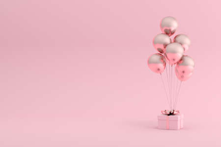 3D rendering of gift box and balloons on pink background.の写真素材