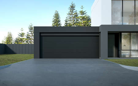 3d rendering of modern house with garage on tree background.