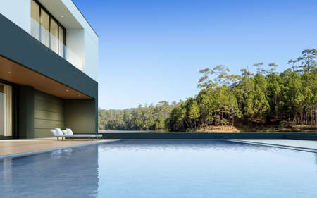 3D render of white modern house with swimming pool on nature background, Exterior with large window...