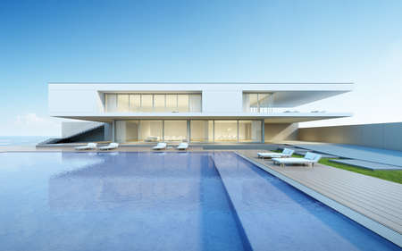 Perspective of modern house with swimming pool on sea background, Exterior. 3d rendering