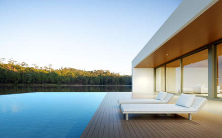 3D render of white modern house with swimming pool on lake background, Exterior with large window...