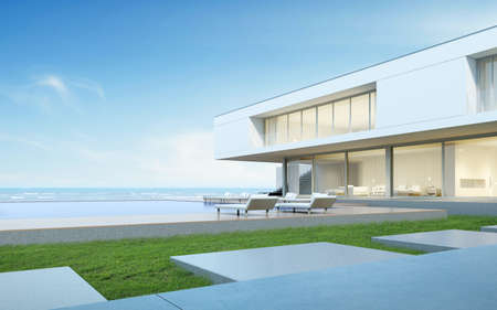 3D render of white modern house with swimming pool on nature background, Exterior with large window...