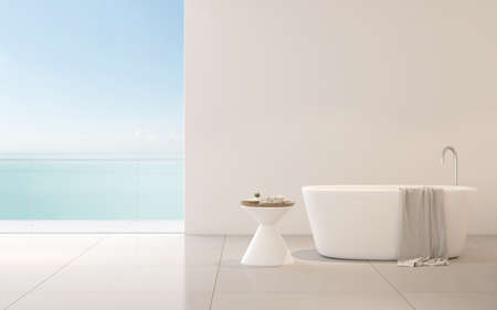 3D rendering of room with bathtub and side table.
