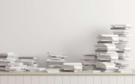 3D render of stacked books on white cabinet.の写真素材