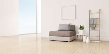 3D render of modern living room with sofa and picture frame.